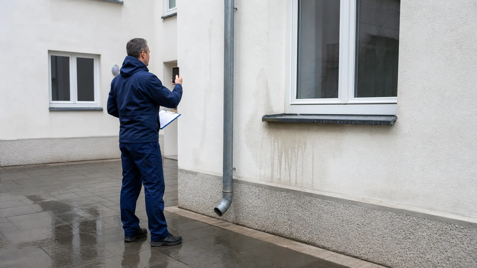 Außenprüfung von Fassade, Fensteranschluss und Fallrohr
