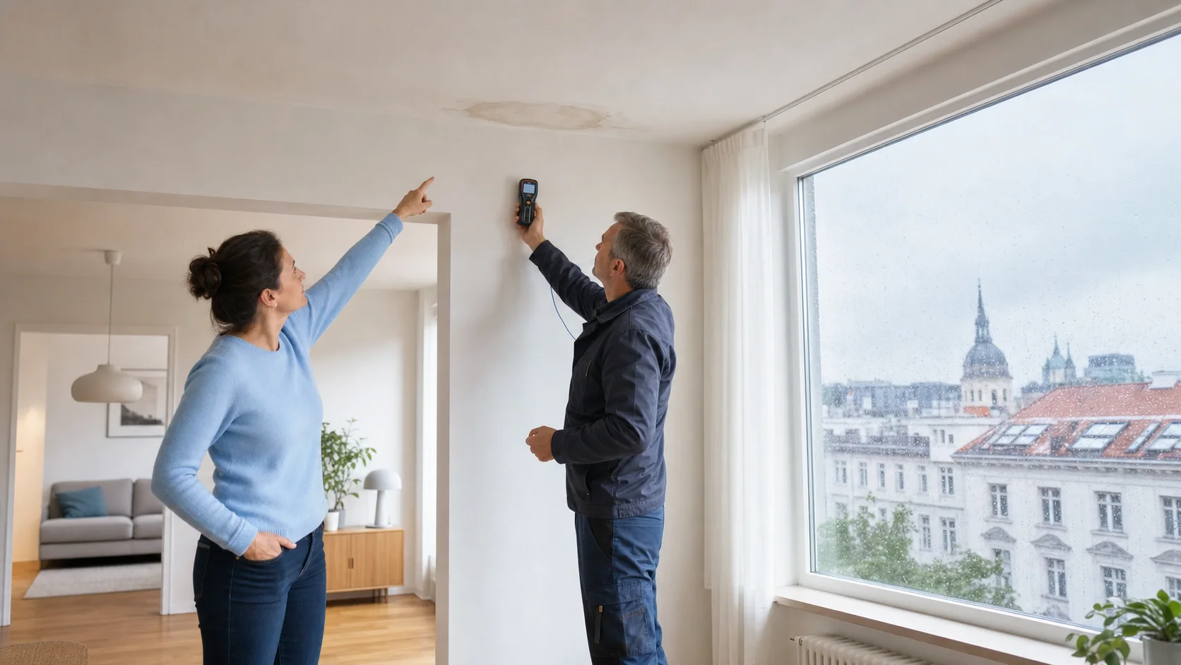 Wasserfleck nahe Fenster nach Regen prüfen