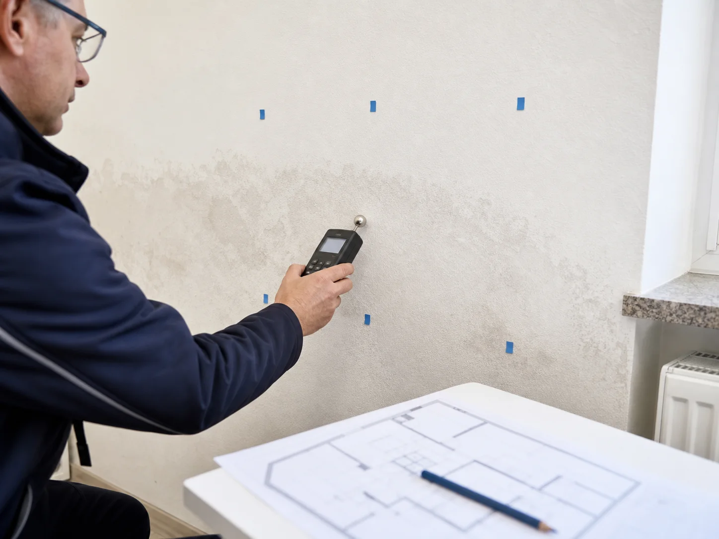 Feuchtemessung im Messraster an einer Wand