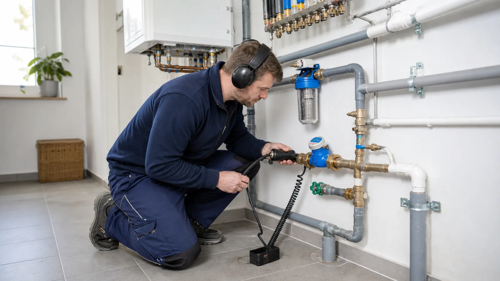 Leckortung im Technikraum eines Hauses in Neudörfl