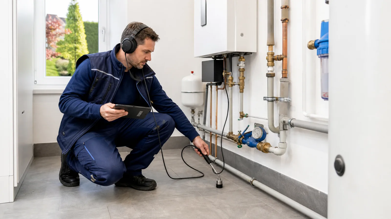 Leckortungstechniker prüft einen Technikraum in einem Wohnhaus in Neudörfl