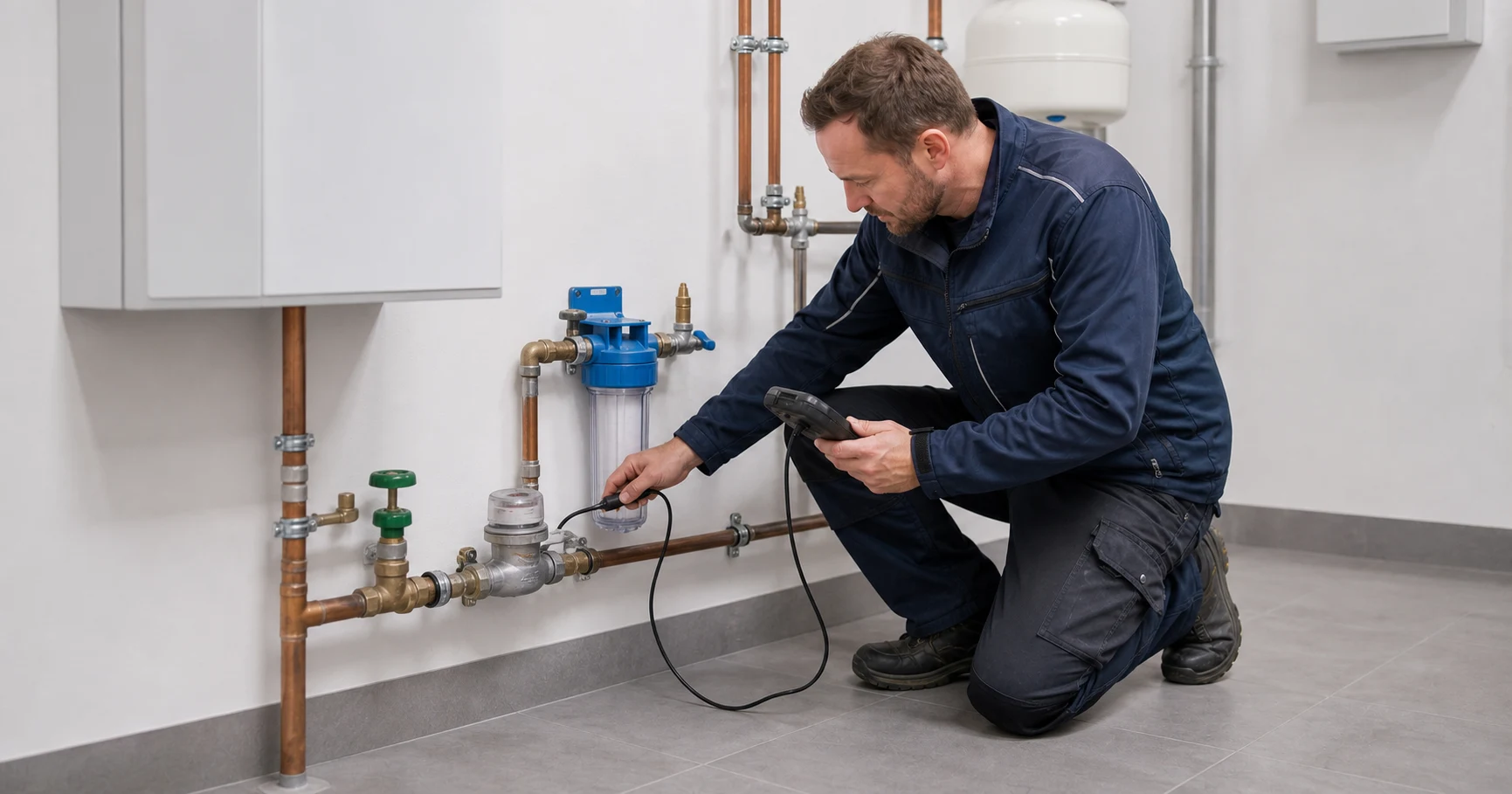 Techniker prüft Wasserzähler, Anschlussleitung und Gebäudeinstallation