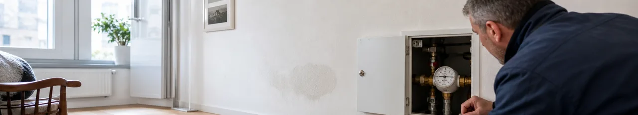 Feuchte Wand und Kontrolle eines stillstehenden Wasserzählers in einer Wohnung