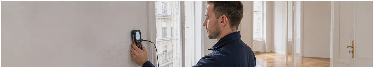 Leckortungstechniker bei einer Feuchtemessung in einer hellen Wiedner Altbauwohnung