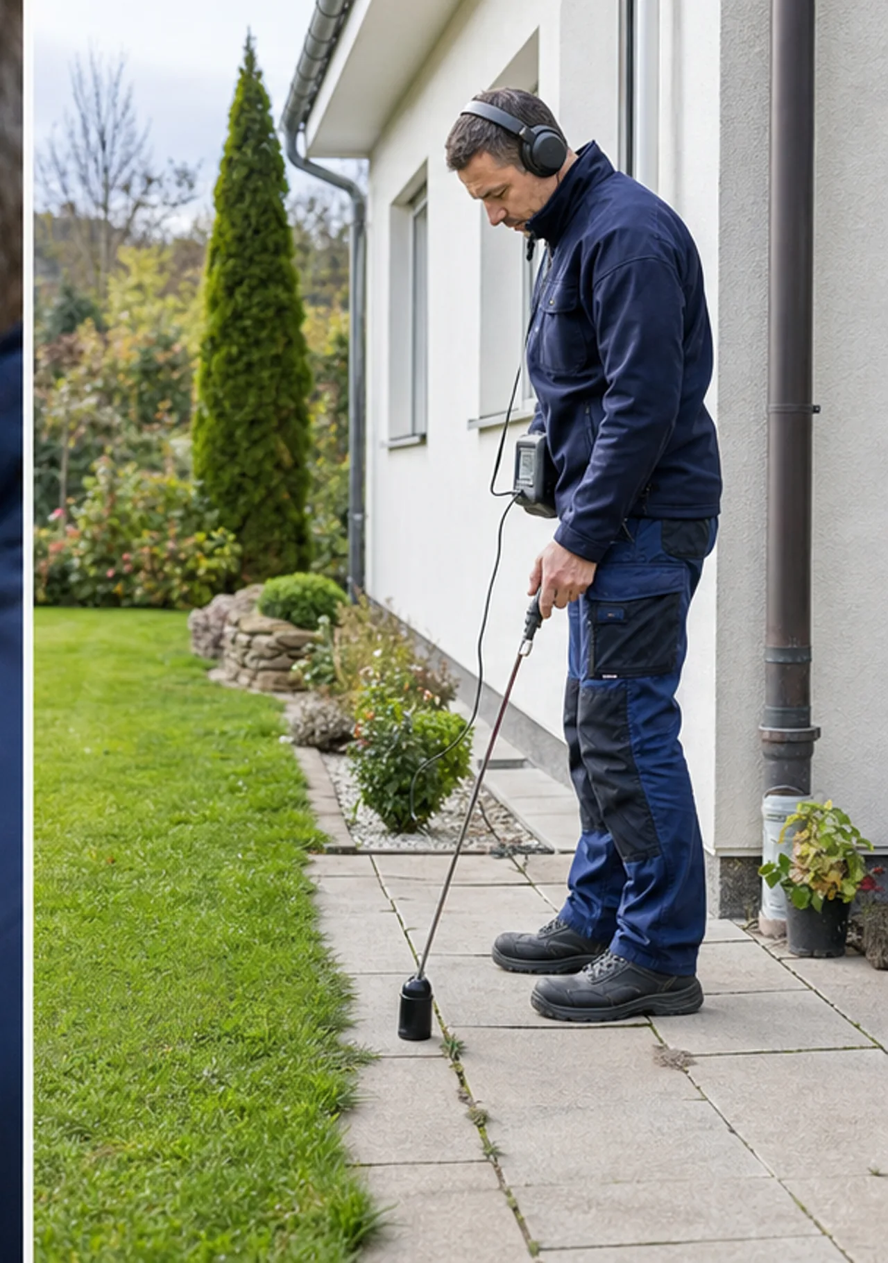 Elektroakustische Ortung einer Gartenleitung bei einem Haus im Burgenland