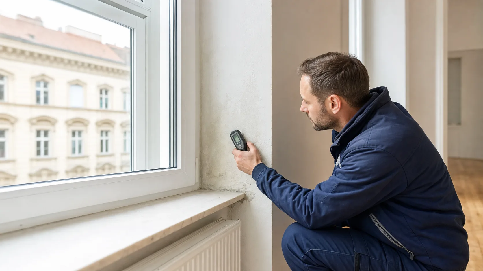 Techniker misst Feuchtigkeit an einer Fensterlaibung nach Fenstertausch