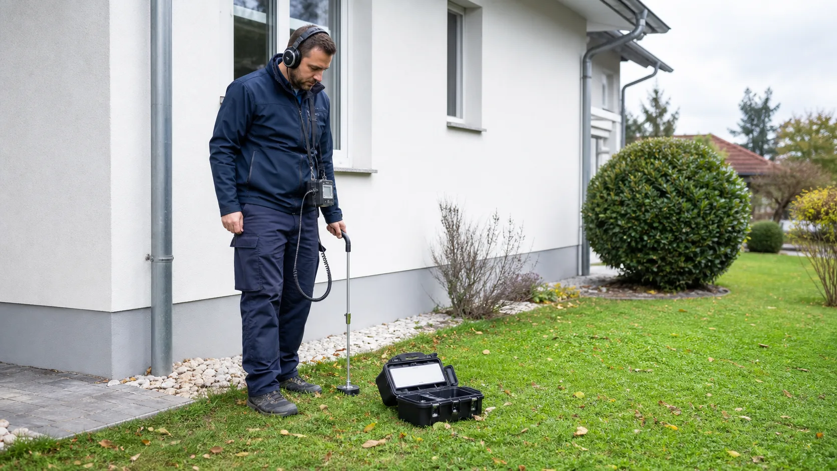 Techniker prüft eine Gartenleitung bei einem Wohnhaus in Tulln