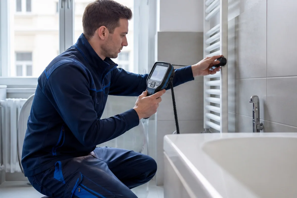 Techniker misst eine geflieste Badezimmerwand zerstörungsfrei