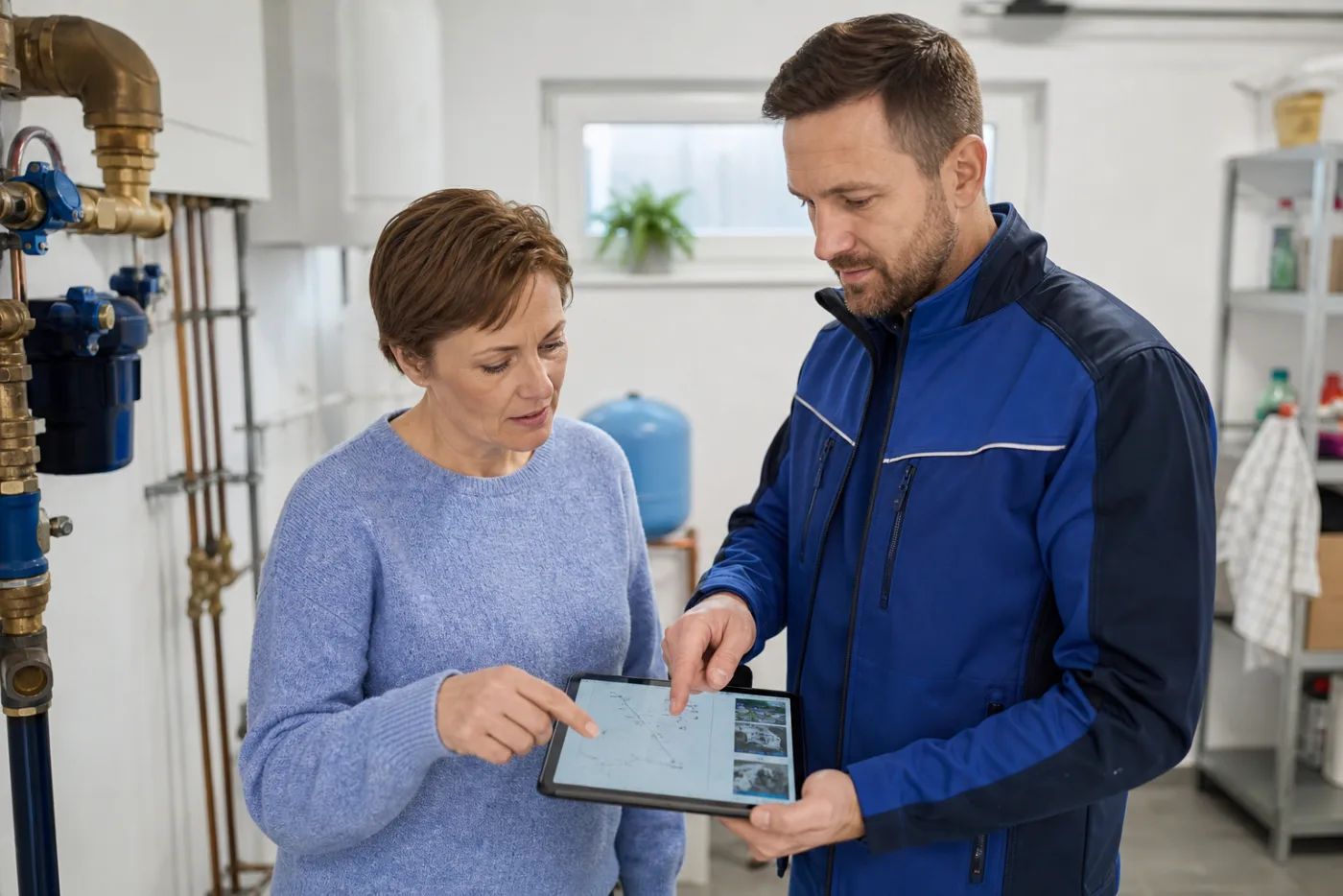 Eigentümerin und Techniker besprechen Leitungsverlauf und Zugänge