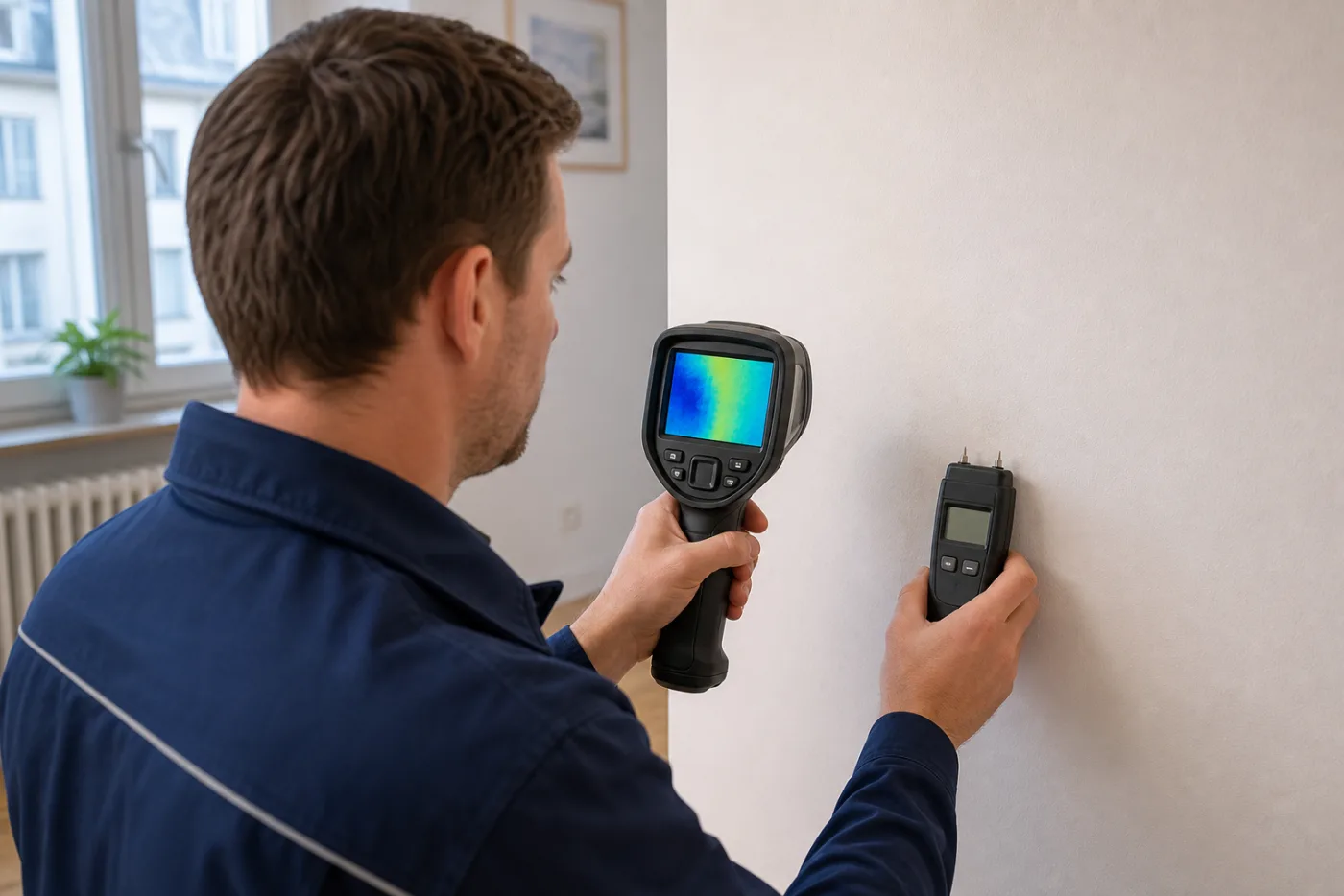 Thermografie und Feuchtemessung werden an derselben Wand verglichen