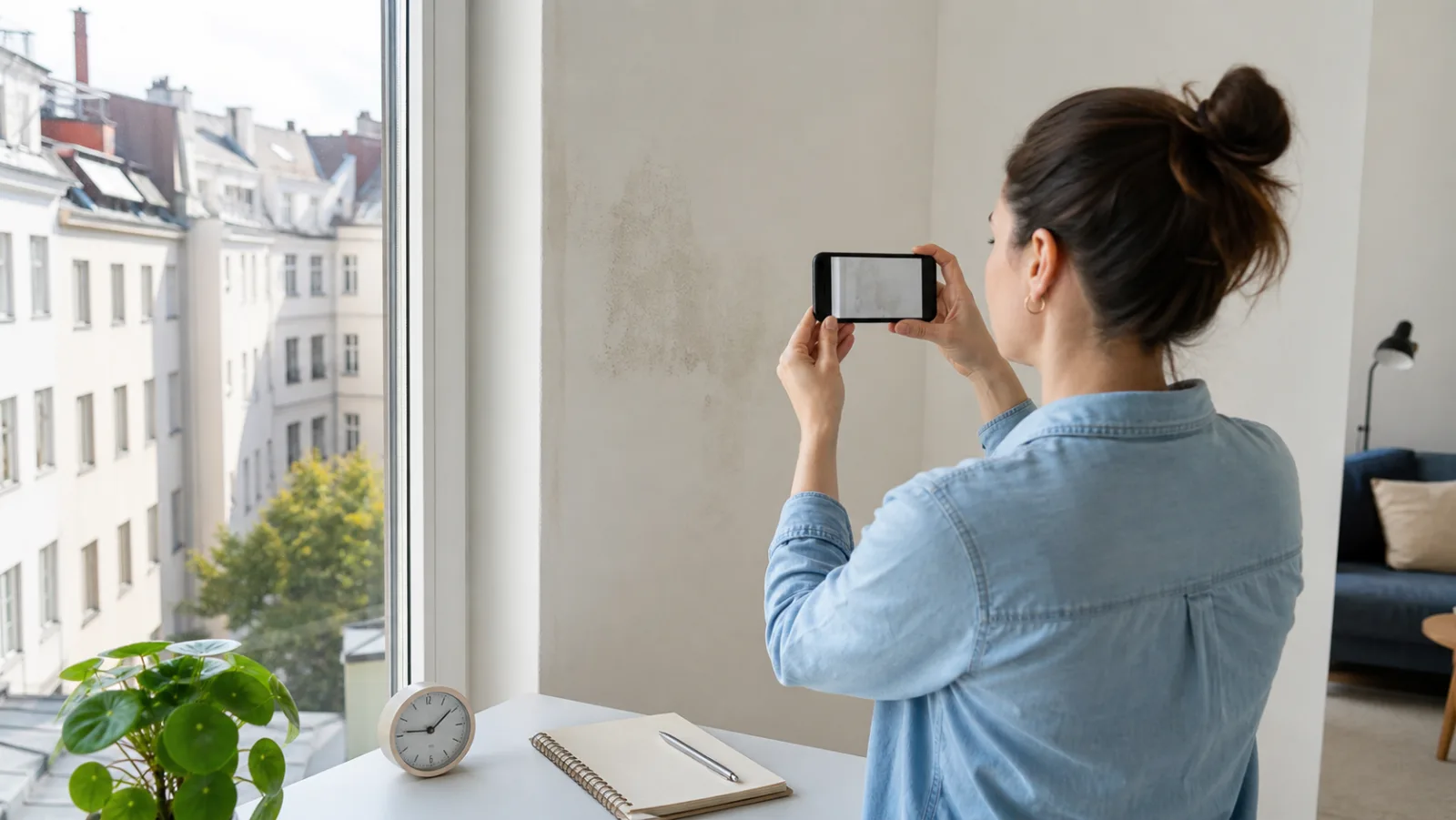 Zeitweise sichtbarer Wasserfleck wird mit Fotos und Uhrzeit dokumentiert