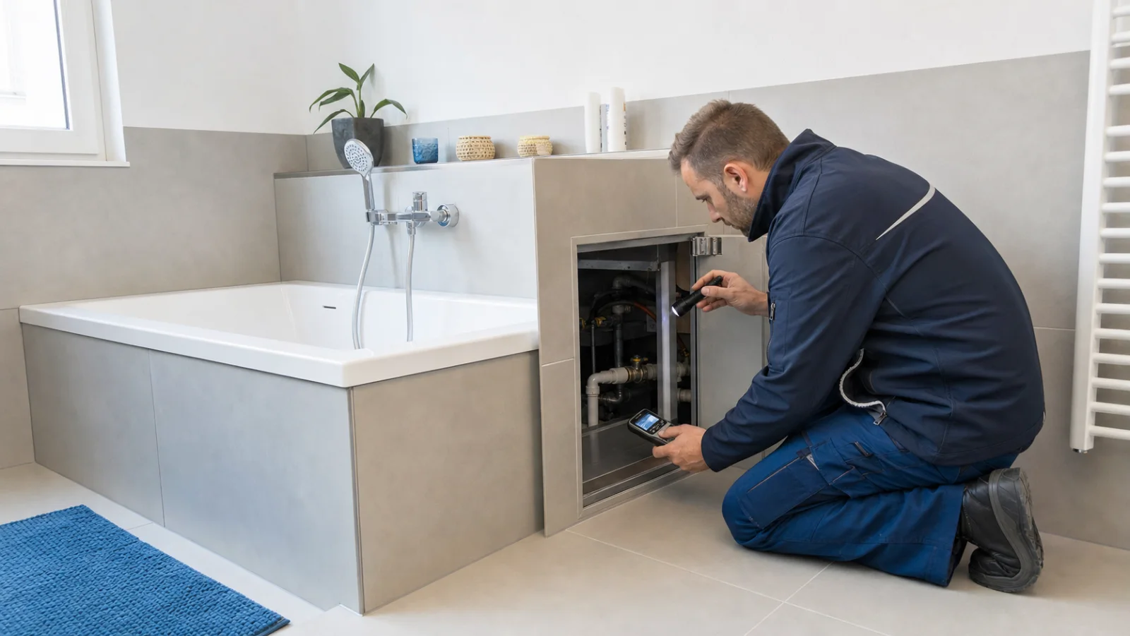 Techniker prüft den zugänglichen Ablaufbereich einer Badewanne