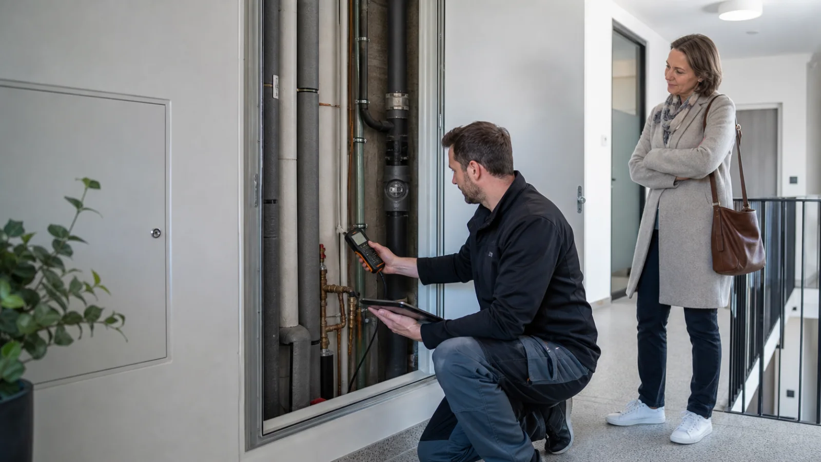 Techniker prüft einen zugänglichen Installationsschacht im Mehrparteienhaus