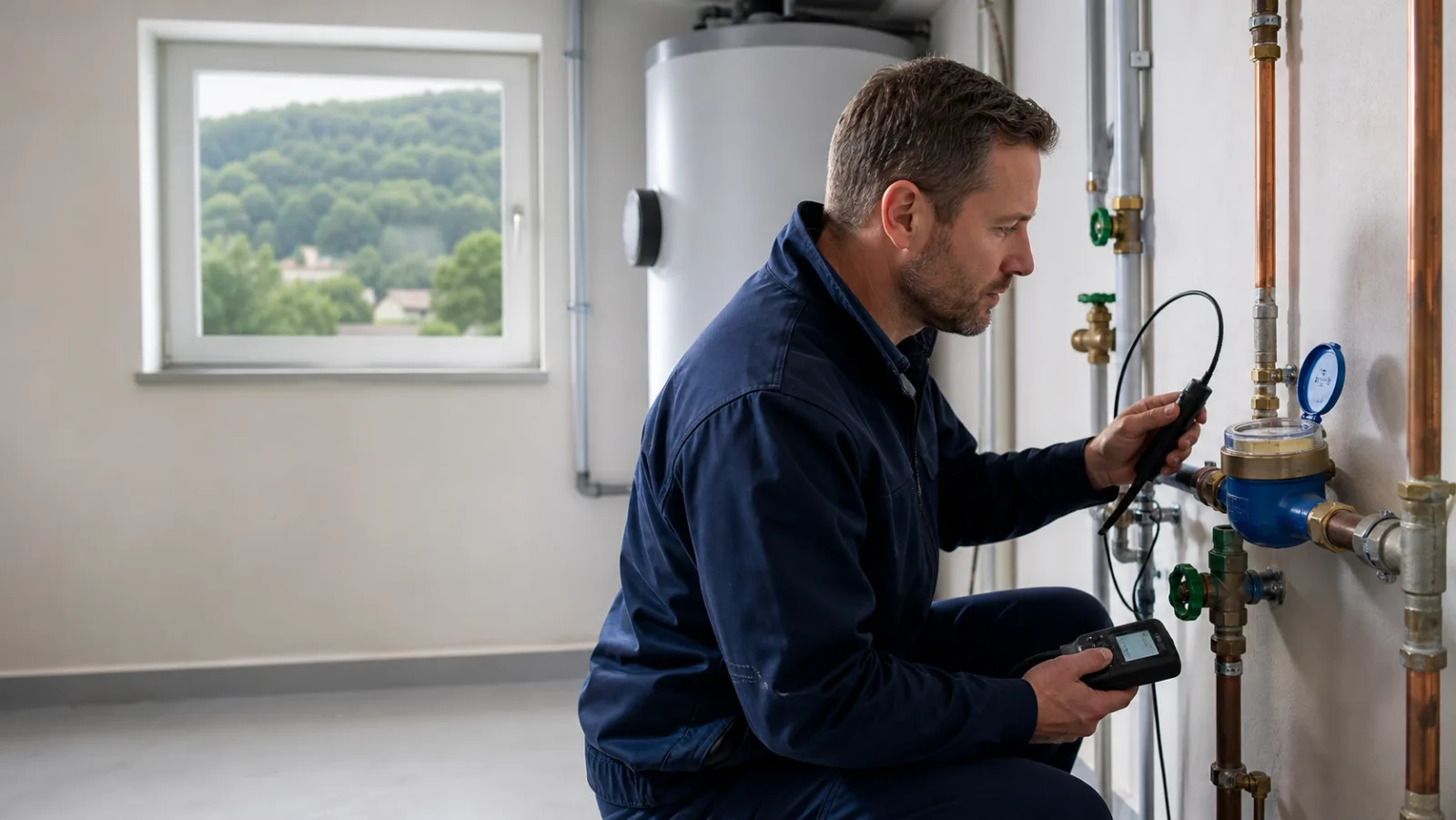 Techniker prüft Wasserzähler und Hausanschluss in Mauerbach