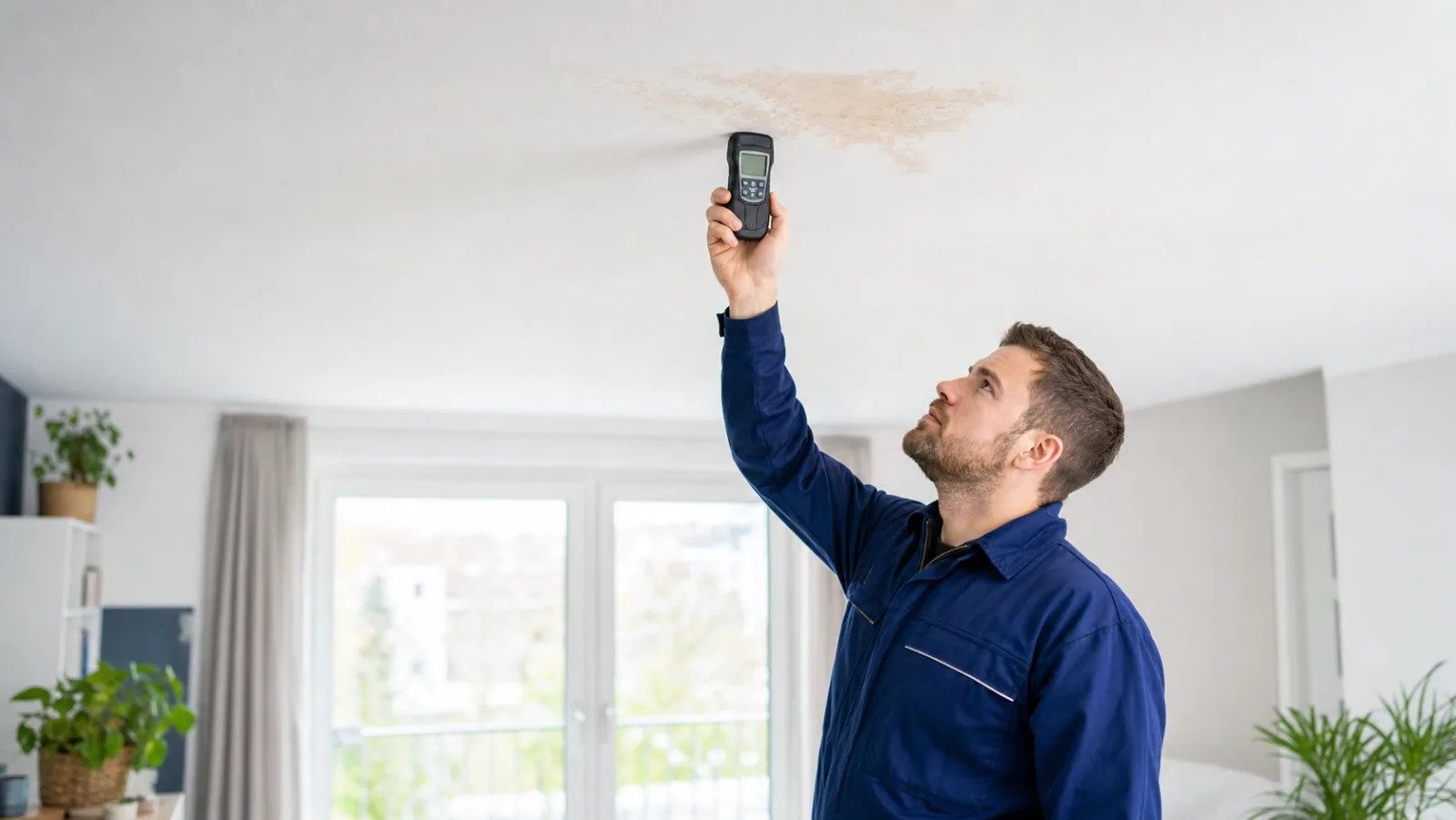 Techniker prüft einen Wasserfleck an der Decke