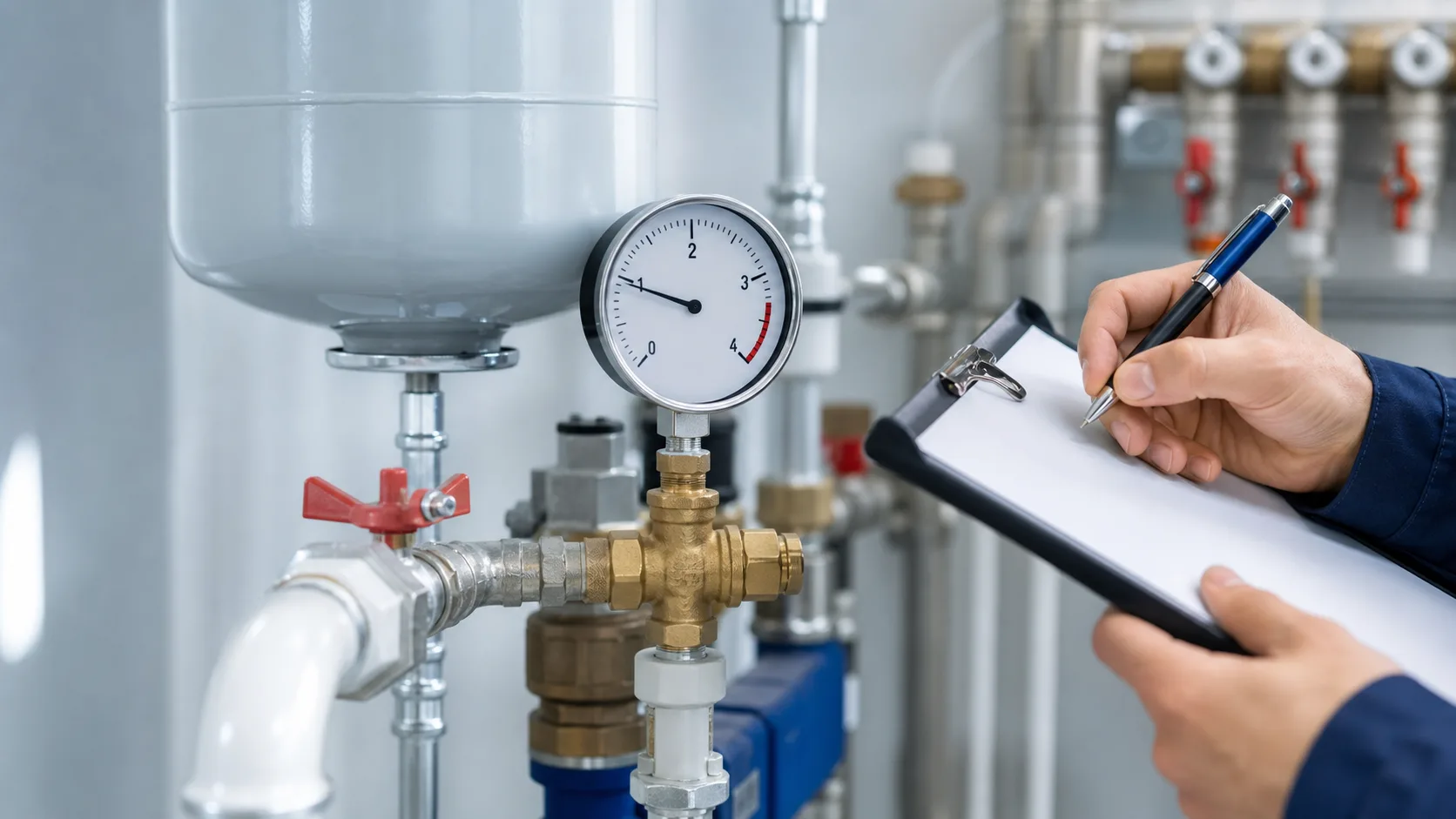 Manometer und Ausgangswert einer Heizungsanlage werden dokumentiert