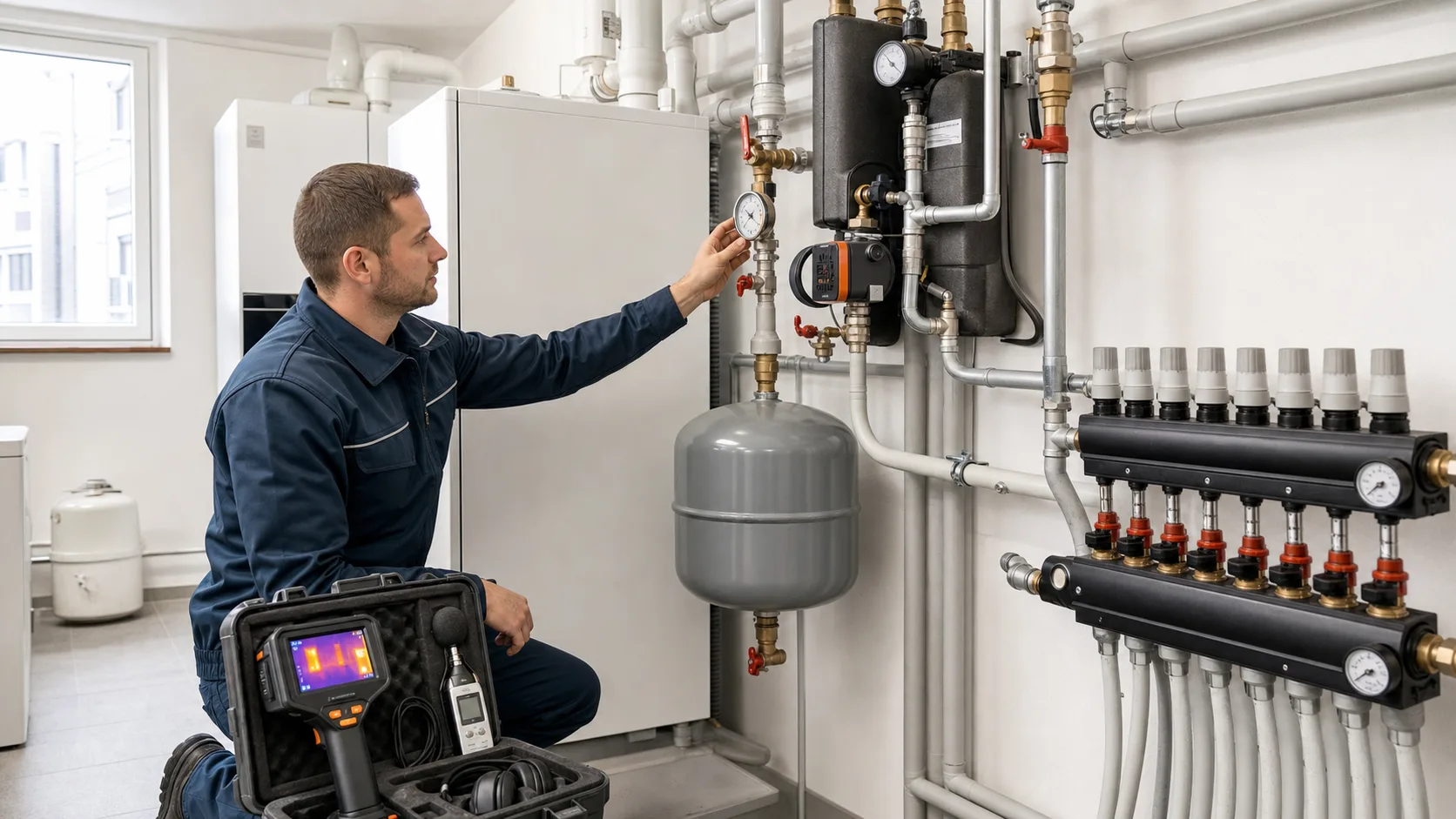 Techniker prüft Druck und Komponenten einer Heizungsanlage