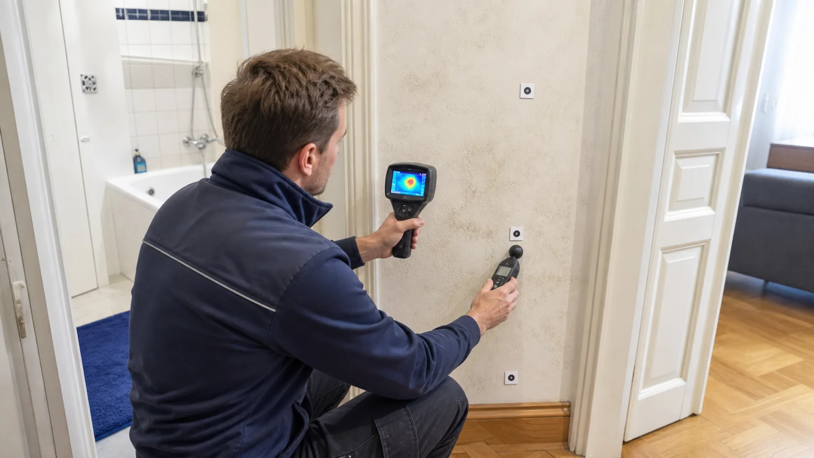 Thermografie und Feuchtemapping an einer Installationswand