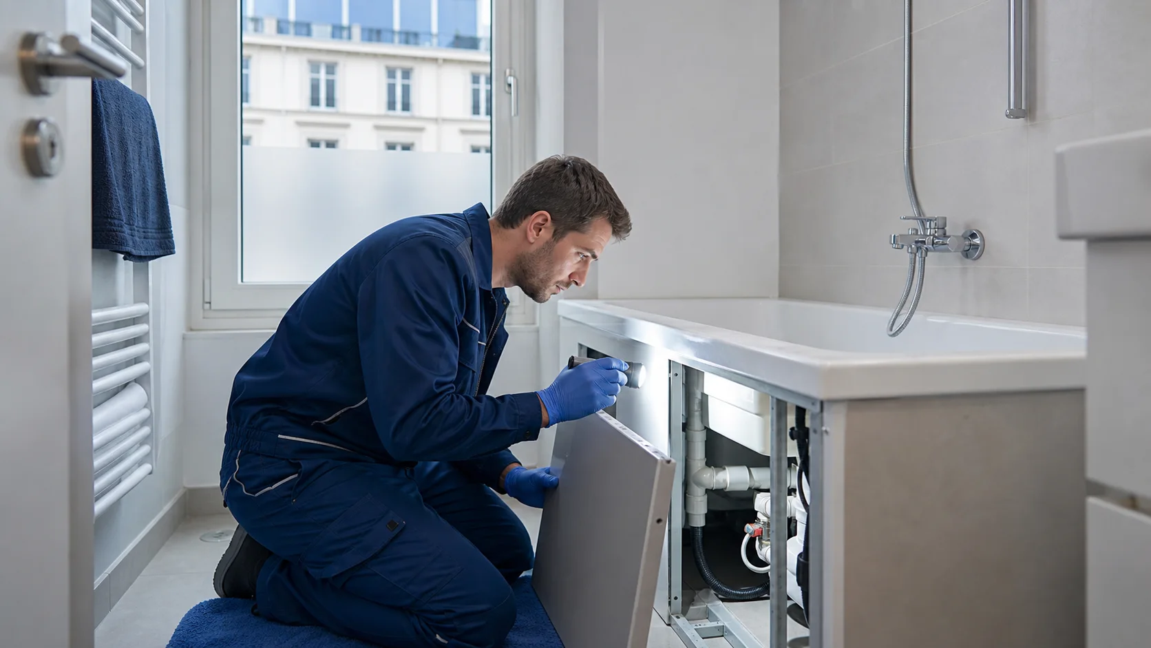 Techniker prüft die Revisionsöffnung einer Badewanne