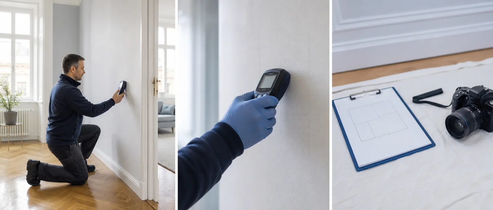 Techniker erstellt ein Feuchtemapping an einer Innenwand