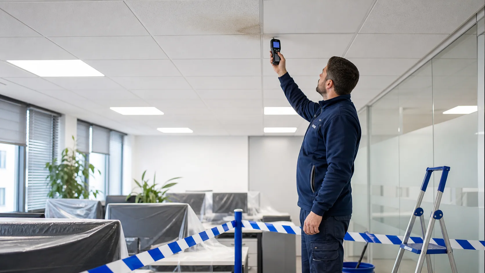 Prüfung einer abgehängten Decke im Gewerbeobjekt