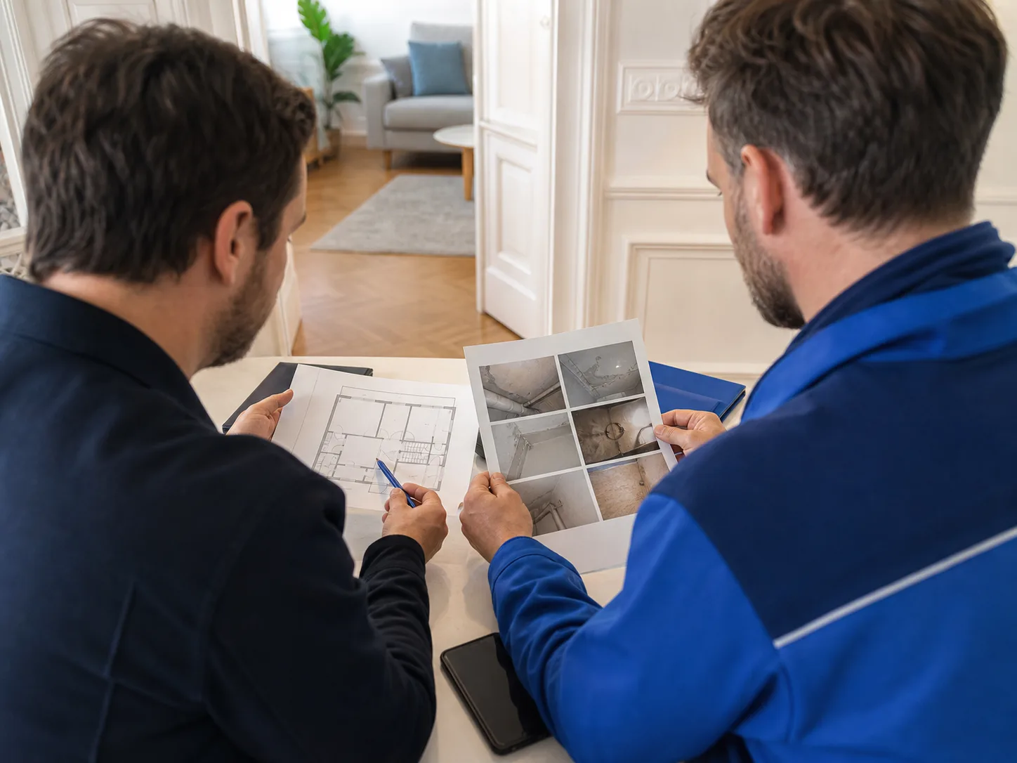 Hausverwaltung und Techniker prüfen Grundriss und Fotos