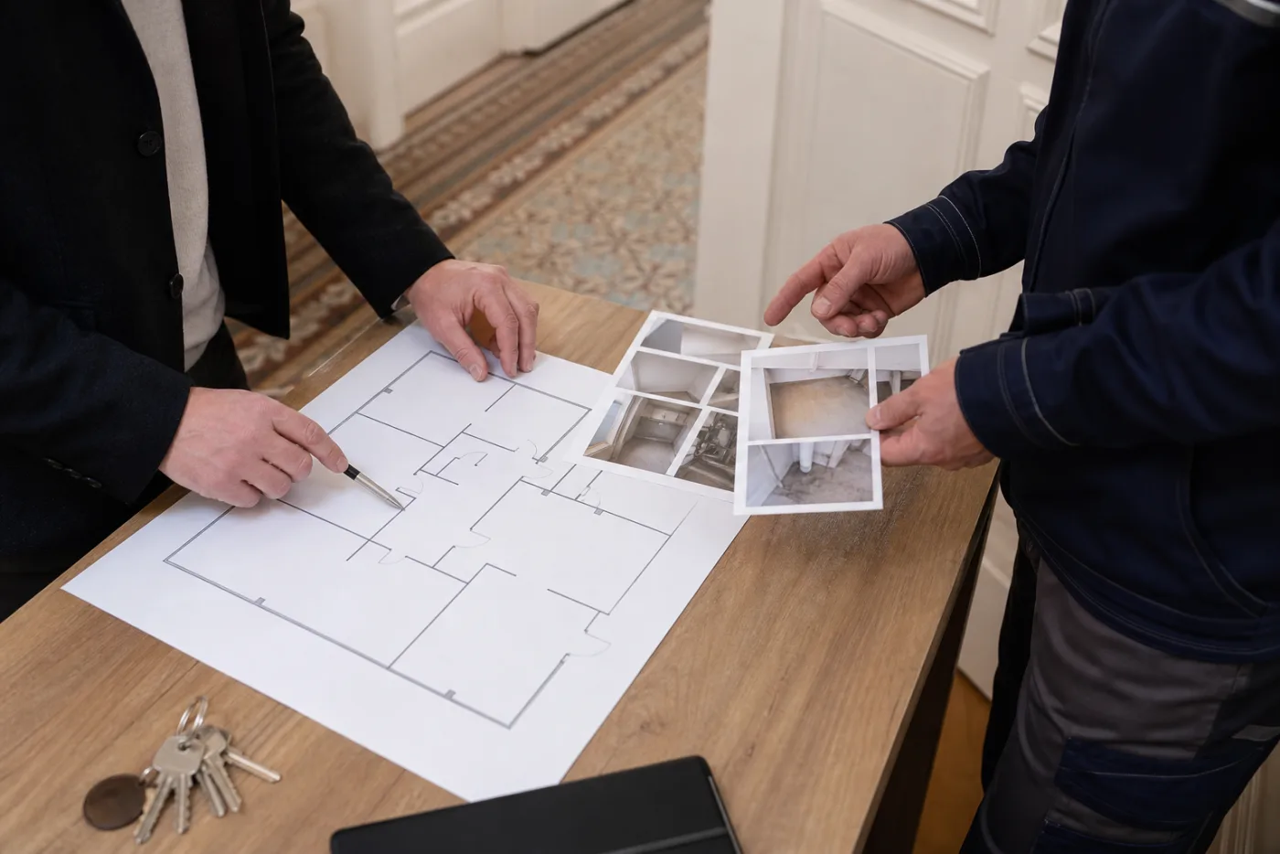 Hausverwaltung und Techniker prüfen Plan und Schadenfotos