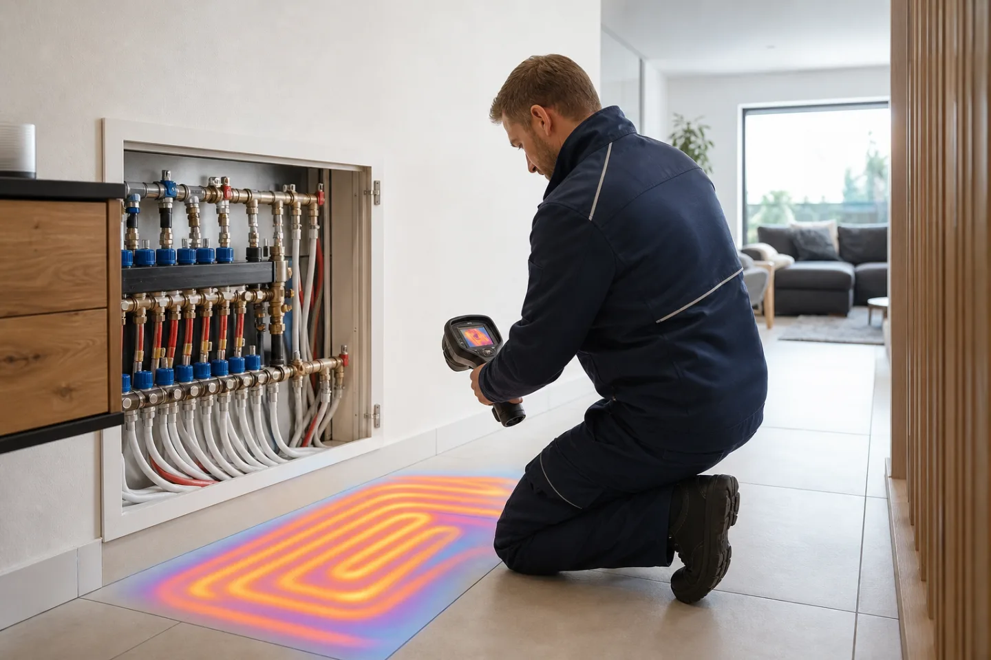 Thermografische Leckortung an einer Fußbodenheizung