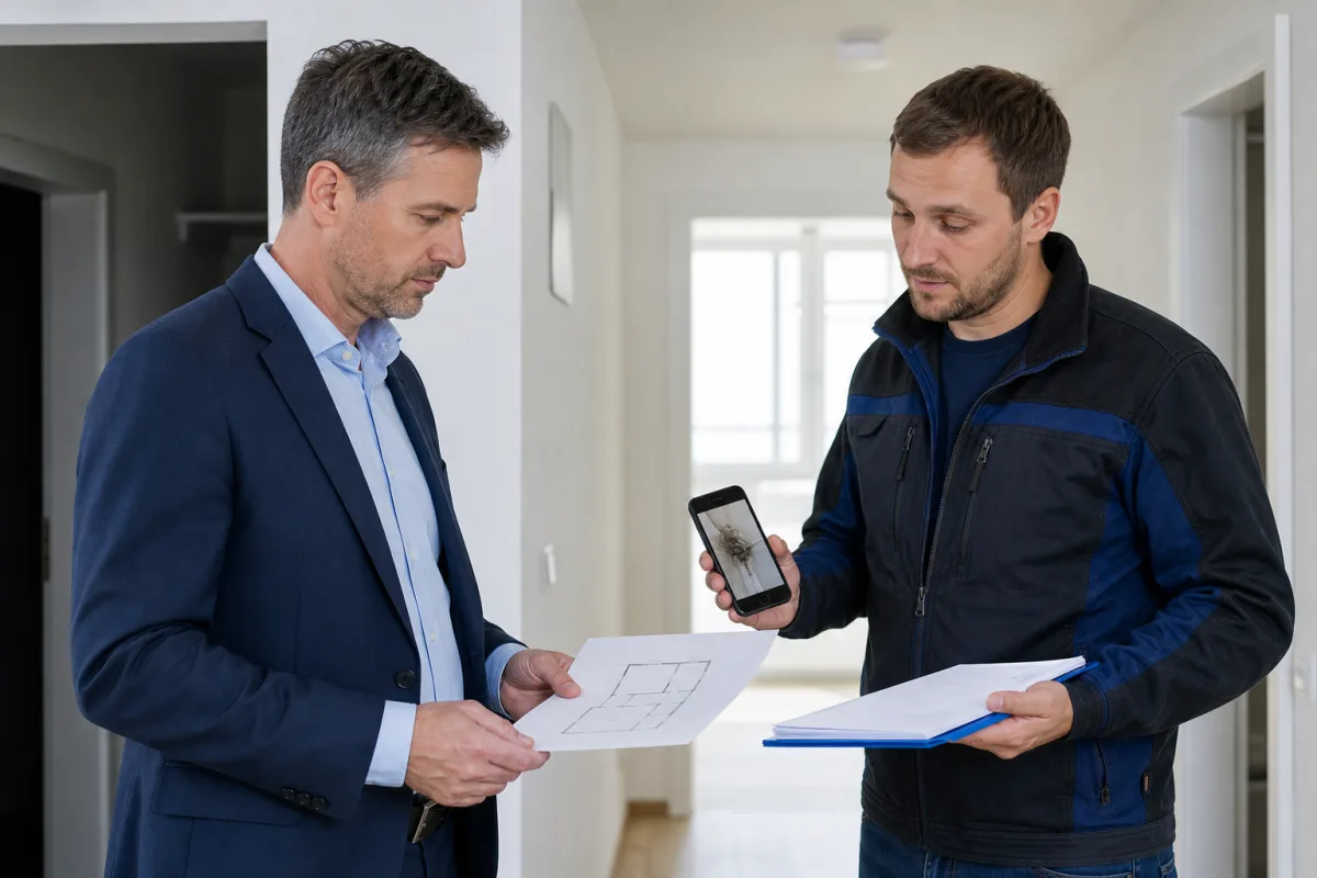 Hausverwaltung und Techniker prüfen Schadenfotos und Plan
