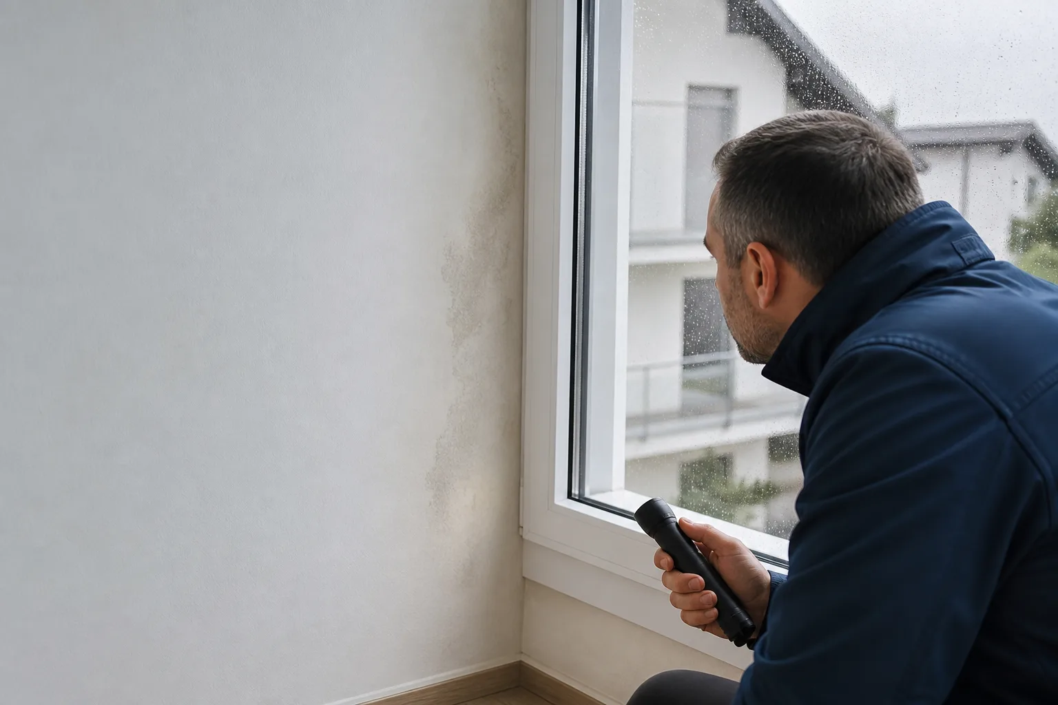 Feuchte Wand nach Regen am Fensteranschluss
