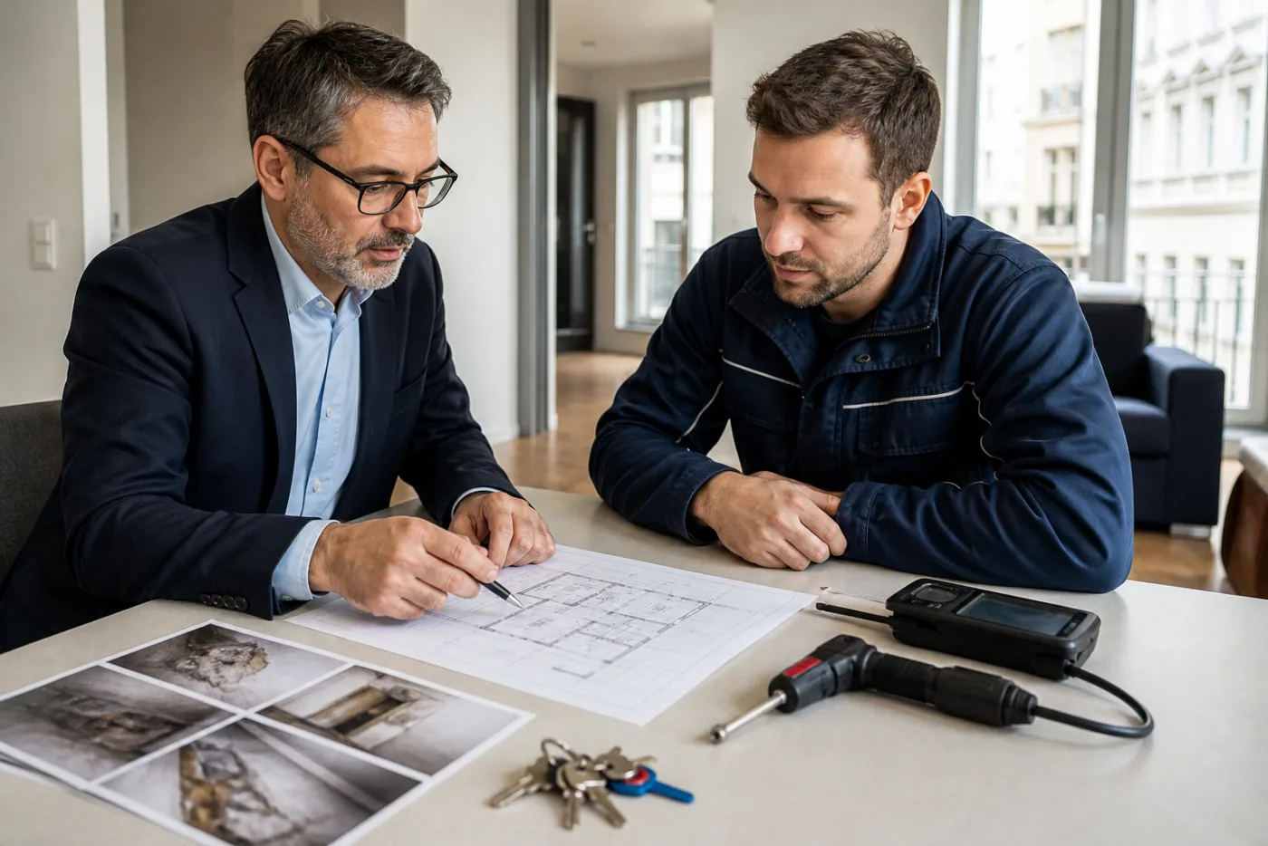 Hausverwaltung und Techniker koordinieren Grundriss und Zugänge