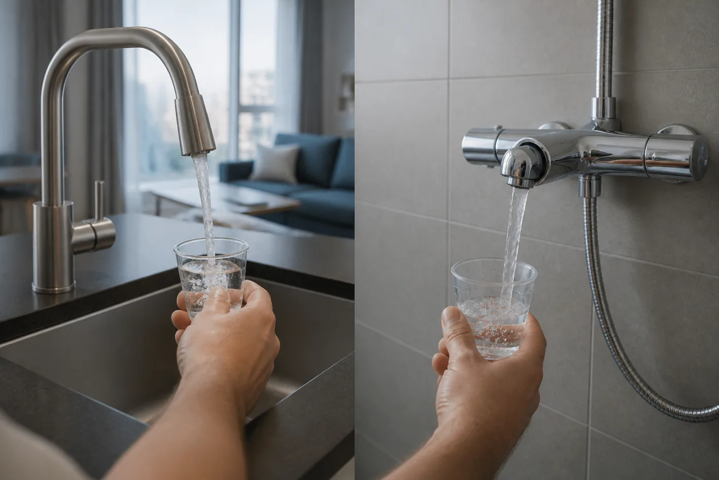 Wasserfluss an Küche und Dusche vergleichen