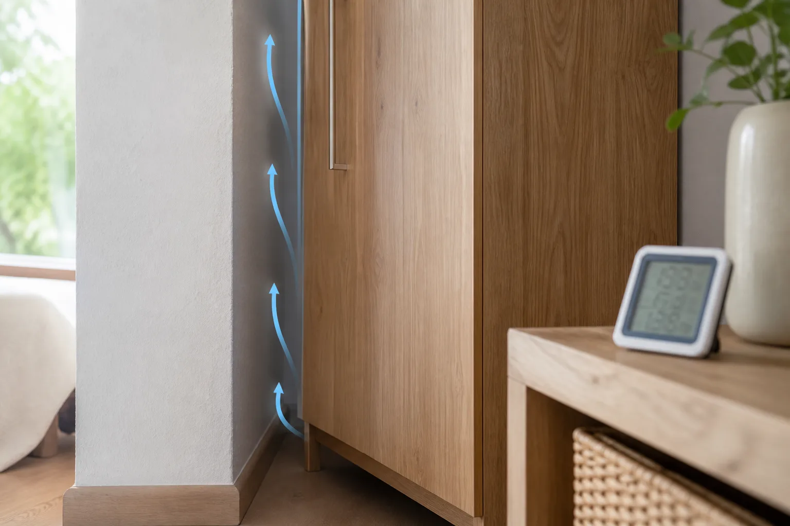 Luftspalt und Hygrometer hinter einem Schrank