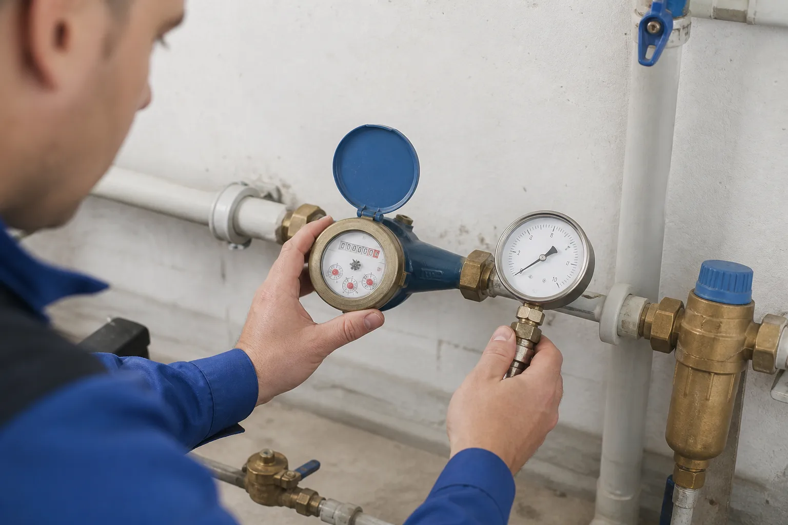 Wasserzähler und Druckprüfung am Hausanschluss