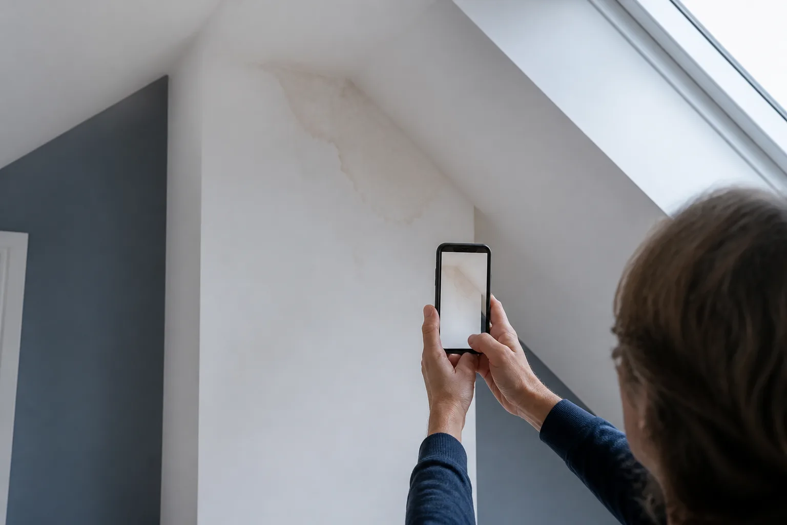 Dokumentation eines Wasserflecks an der Kaminwand mit einem Smartphone