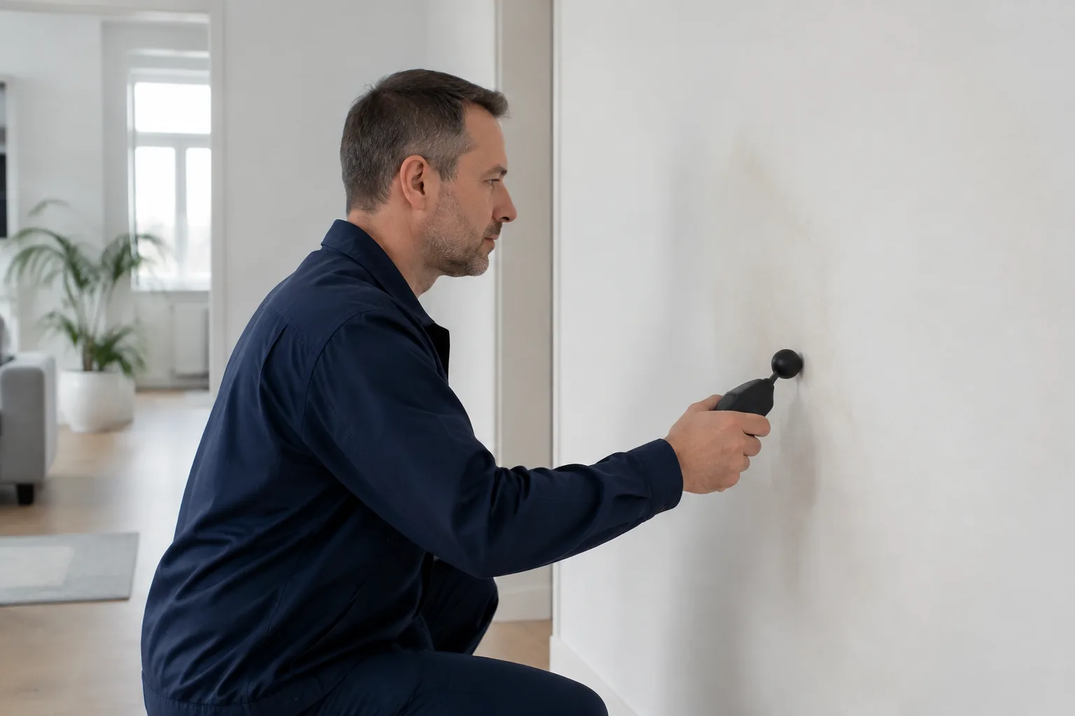 Techniker misst vergleichend an einer verputzten Wohnungswand