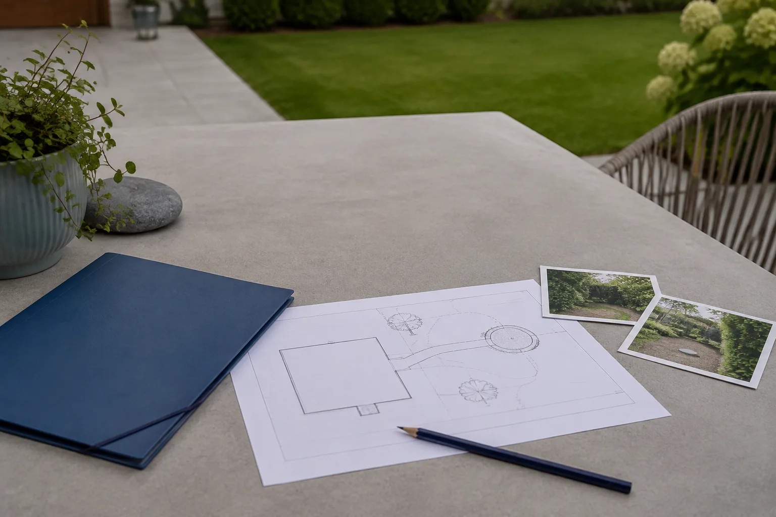 Anlagenplan, Gartenfotos und Unterlagen auf einem Tisch
