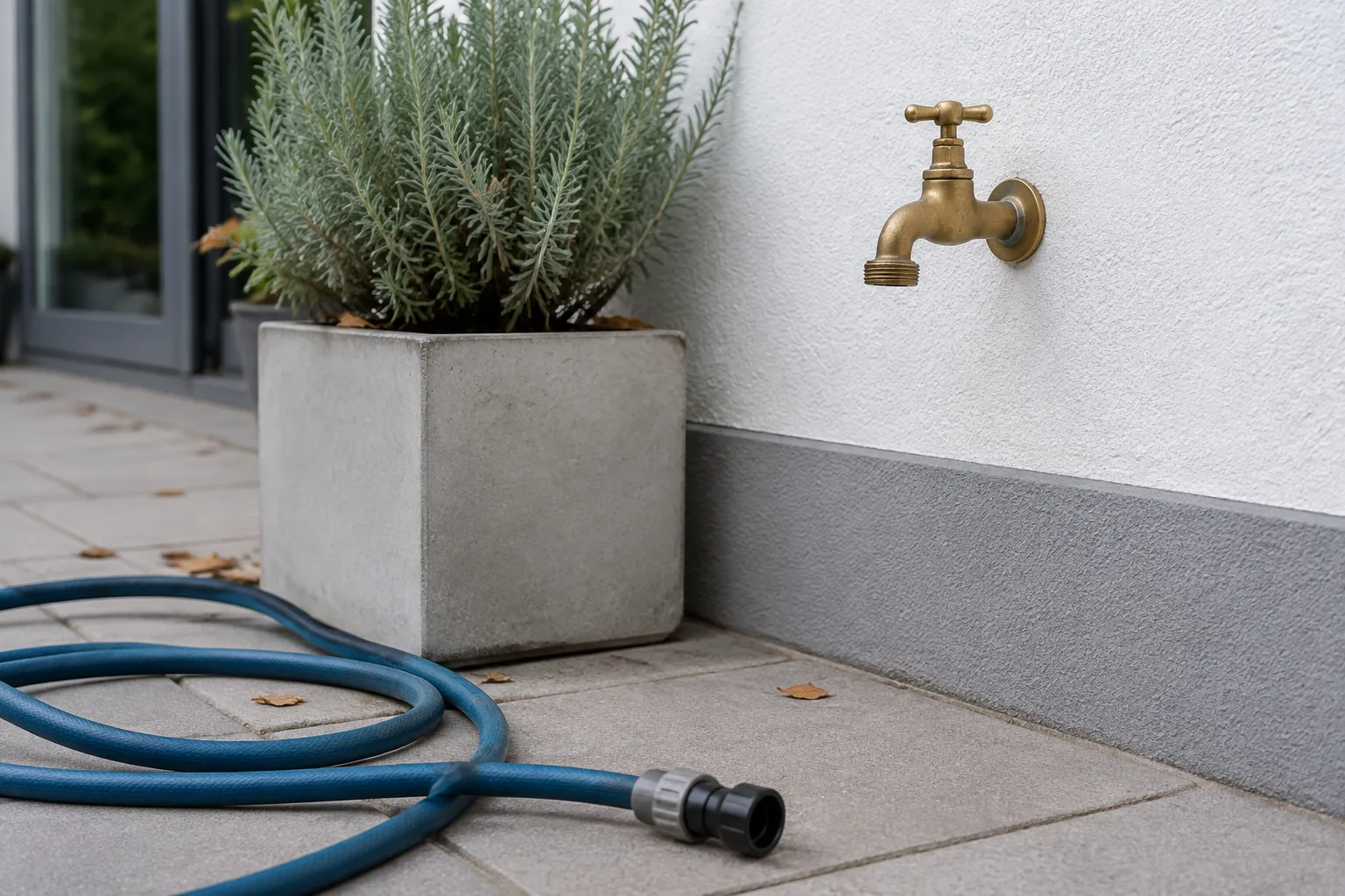 Geschlossener Gartenwasserhahn und abgelegter Bewässerungsschlauch