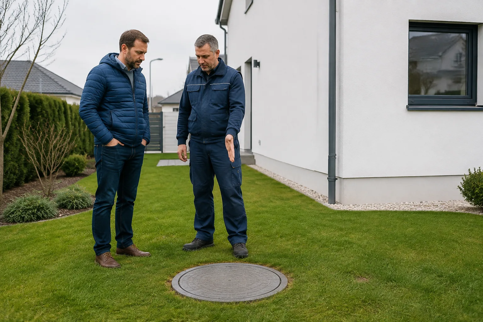 Besprechung neben einer geschlossenen Zisternenabdeckung im Garten