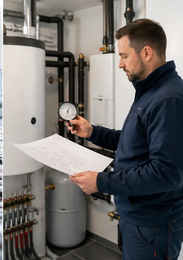Techniker vergleicht Anlagendruck, Leitungsplan und sichtbare Feuchtestelle