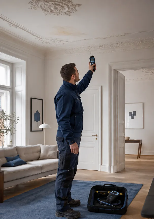 Leckortungstechniker dokumentiert einen Feuchteschaden in einem Wiener Altbau