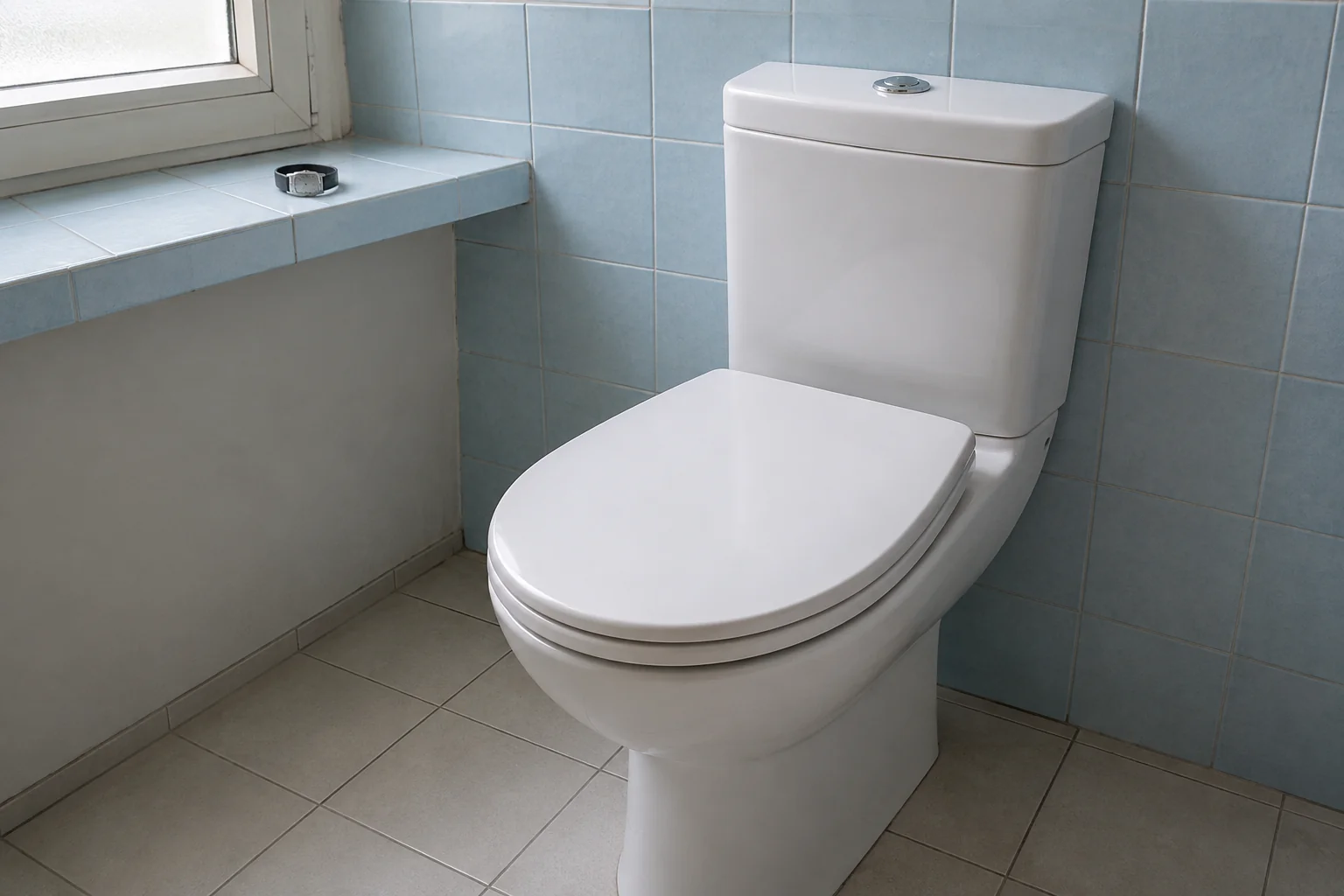 Geschlossene Toilette mit Spülkasten als mögliche angeschlossene Zulaufstelle