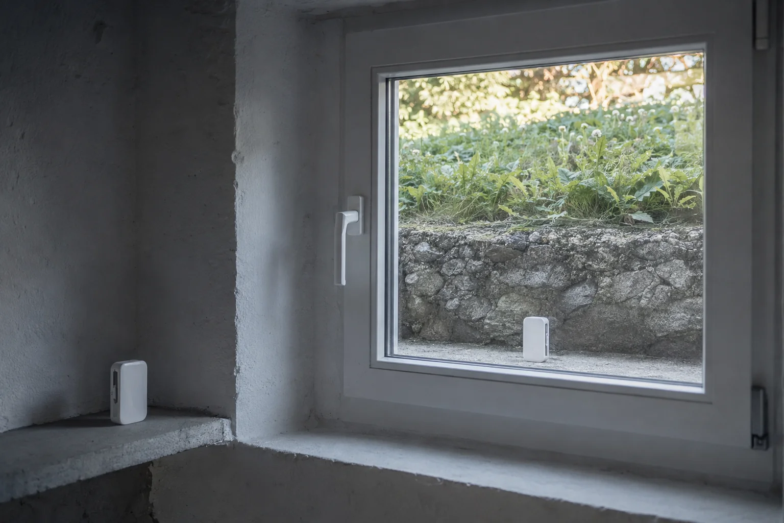Messgeräte innen und außen am Kellerfenster für den Klimavergleich