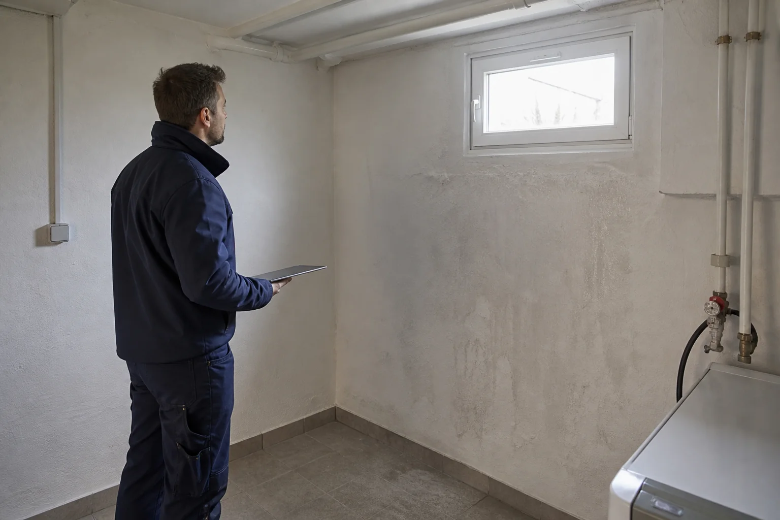Fachmann betrachtet eine leicht feuchte Wand im kühlen Keller eines Hauses