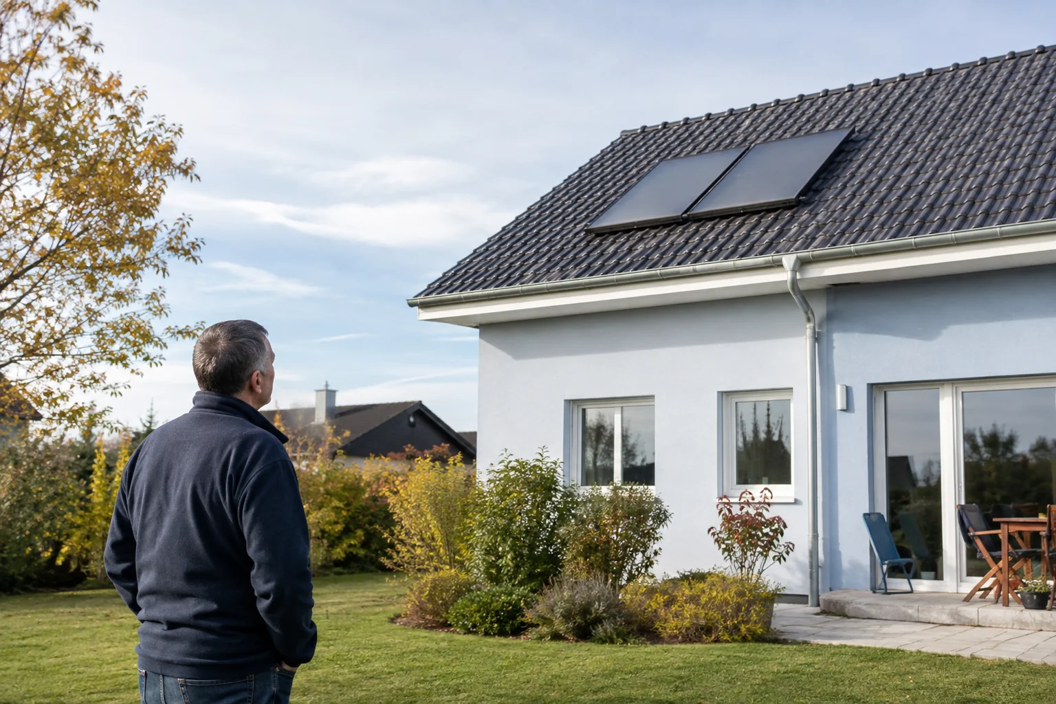 Zwei Solarthermiekollektoren auf einem Hausdach, vom sicheren Boden aus betrachtet