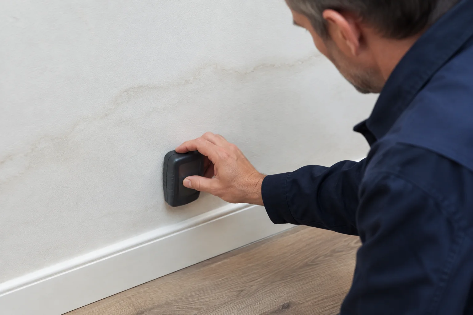Techniker bei einer vergleichenden Feuchtemessung an einer Wand