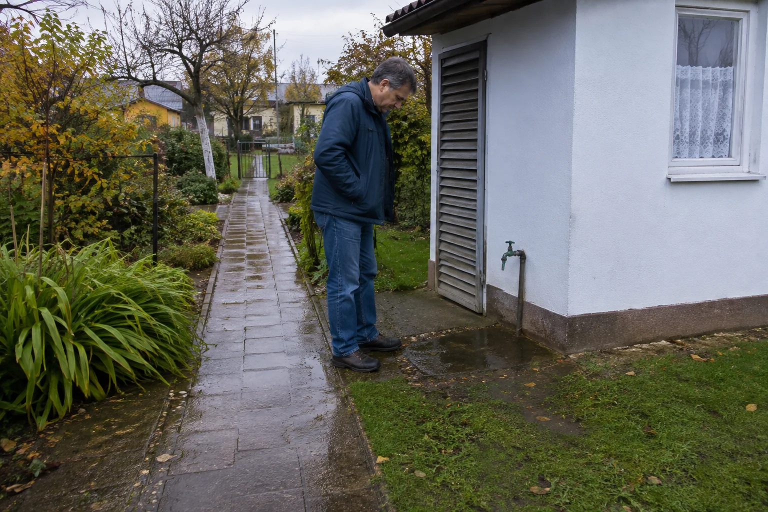 Kleingartenhaus mit Außenwasserhahn und Eigentümer bei einer feuchten Bodenstelle