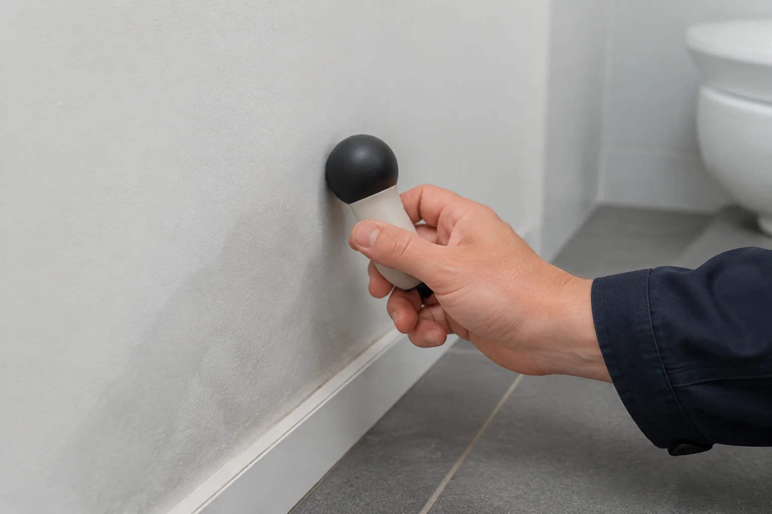 Hand mit Messsonde an einer hellen Wand im Bad