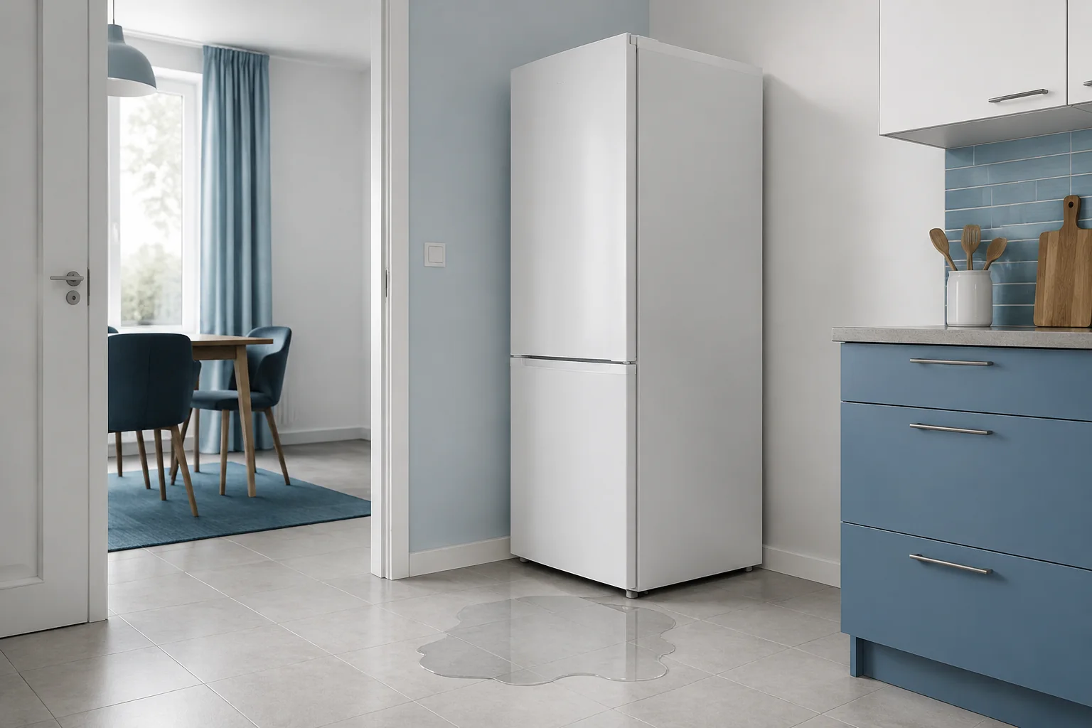 Kleine Pfütze vor einem geschlossenen weißen Kühlschrank auf Fliesen