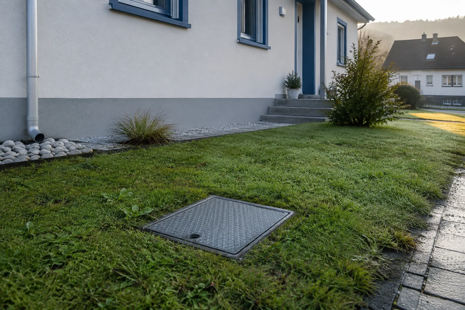 Geschlossener Wasserzählerschacht im feuchten Garten eines Einfamilienhauses